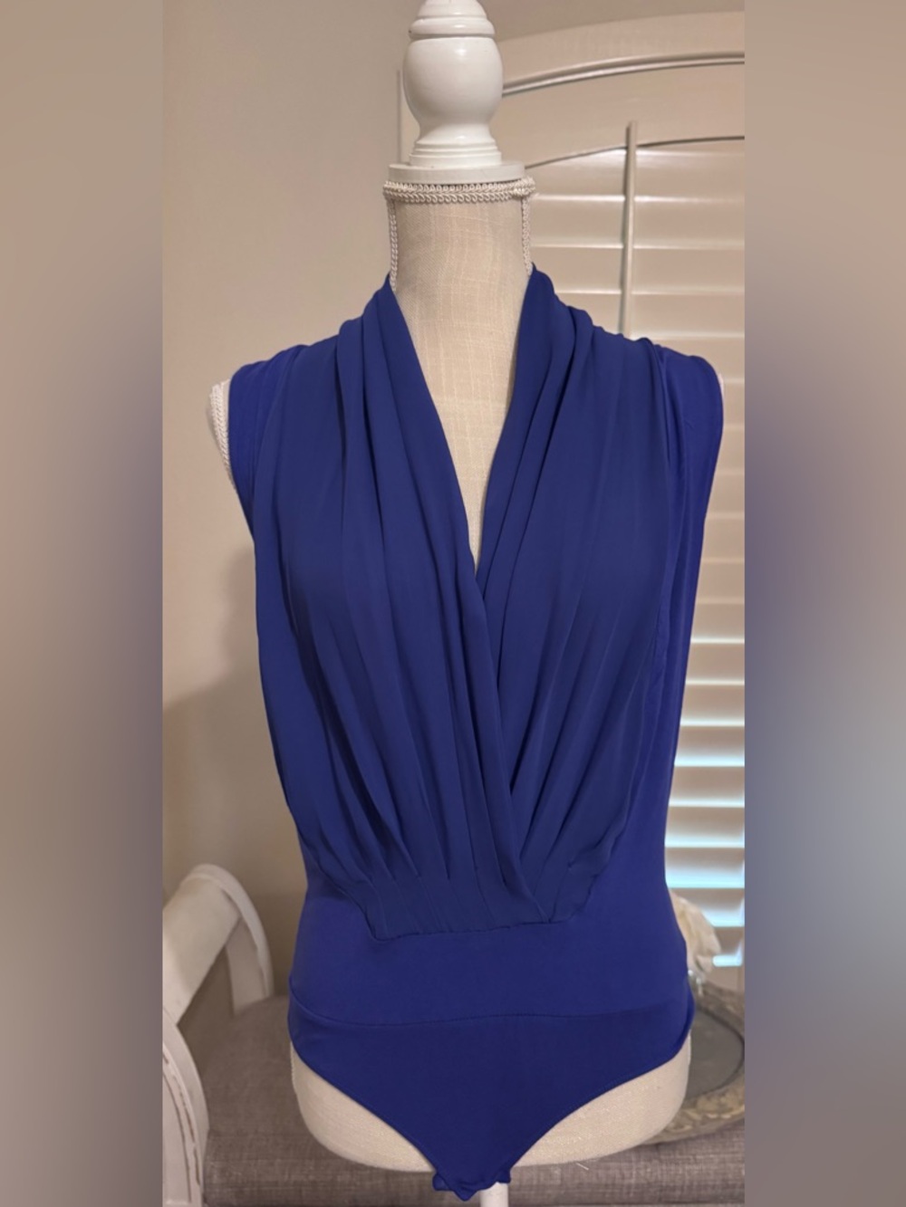 New York and Company Sleeveless Violet Blue Drape Front Bodysuit